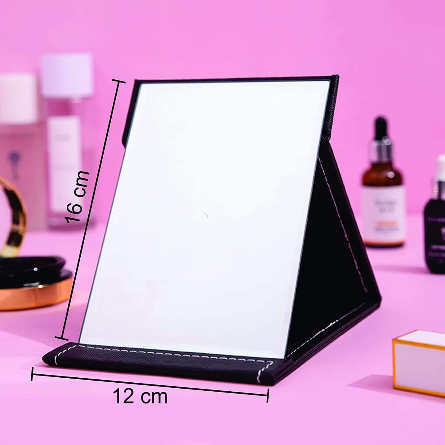 Agabani Folding Round Compact Mirror - PU Leather Vanity with Stand for Desk, Camping, Travel - Personal Tabletop HandMirror - Princess Square Makeup