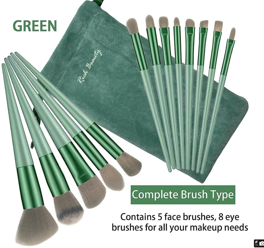 13-Piece Makeup Brush Set – Synthetic Bristles, Soft and Durable with Travel Pouch, Ideal for Blending, and Highlighting, green