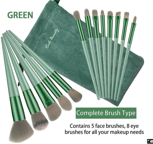 13-Piece Makeup Brush Set – Synthetic Bristles, Soft and Durable with Travel Pouch, Ideal for Blending, and Highlighting, green
