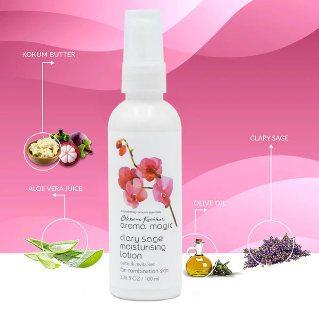 Aroma Magic Clary Sage Moisturising Lotion | Moisturizes, nourishes & revitalizes skin| Kokum butter, olive oil, lemongrass extracts, rosewood essential oils| for Combination Skin - 100ml