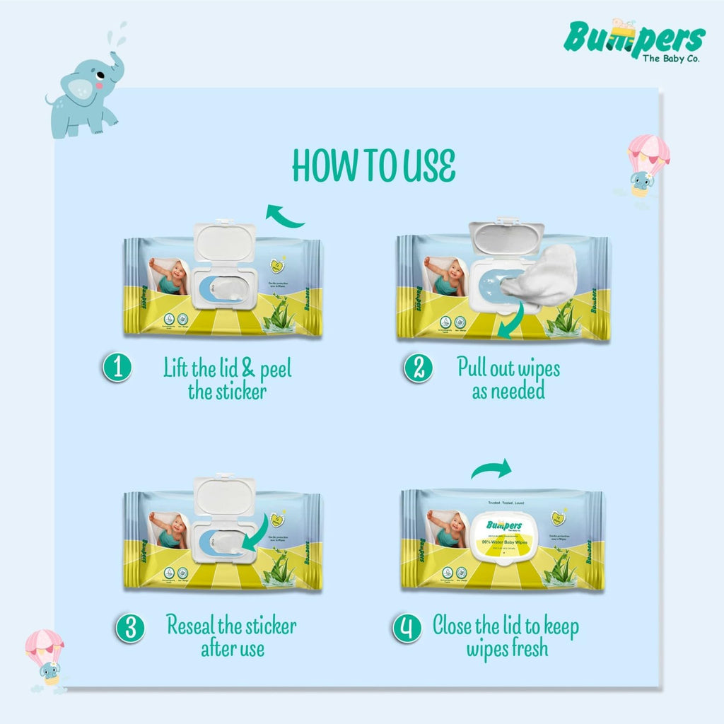 "Bumpers Moisturising 99% Water Baby Wipes with Lid, Aloe Vera & Vitamin E | Extra Thick & Moist | Alcohol & Paraben free | pH balanced & Hypoallergenic | 72 Counts/Pack (Set of 6) (432 Wipes)