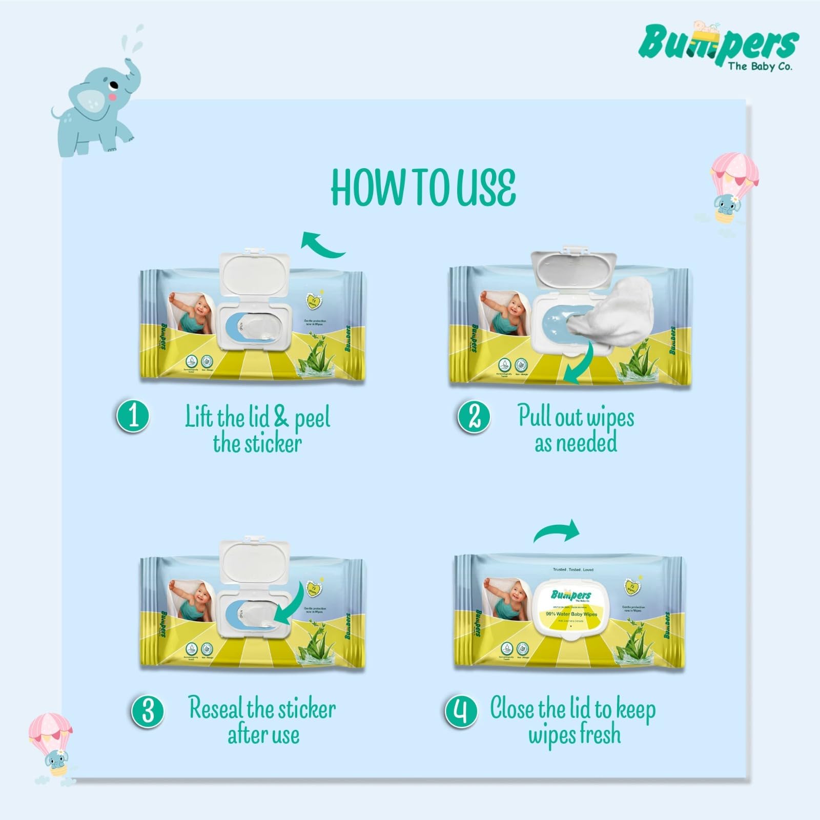 "Bumpers Moisturising 99% Water Baby Wipes with Lid, Aloe Vera & Vitamin E | Extra Thick & Moist | Alcohol & Paraben free | pH balanced & Hypoallergenic | 72 Counts/Pack (Set of 6) (432 Wipes)