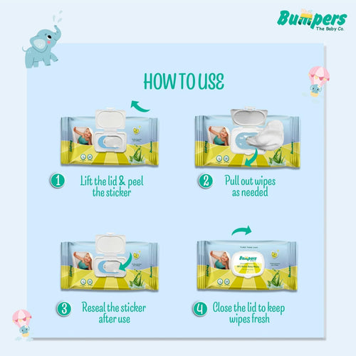 "Bumpers Moisturising 99% Water Baby Wipes with Lid, Aloe Vera & Vitamin E | Extra Thick & Moist | Alcohol & Paraben free | pH balanced & Hypoallergenic | 72 Counts/Pack (Set of 6) (432 Wipes)