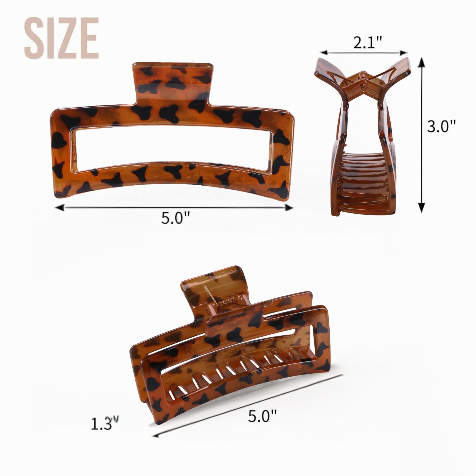 5 Inche Extra Large Claw Clips for Thick Hair, 4 Pack Xl Leopard and Glossy Claw Clips, Jumbo Non-Slip Rectangle Hair Clips for Women, Strong Hold Jaw Clips for Long Hair