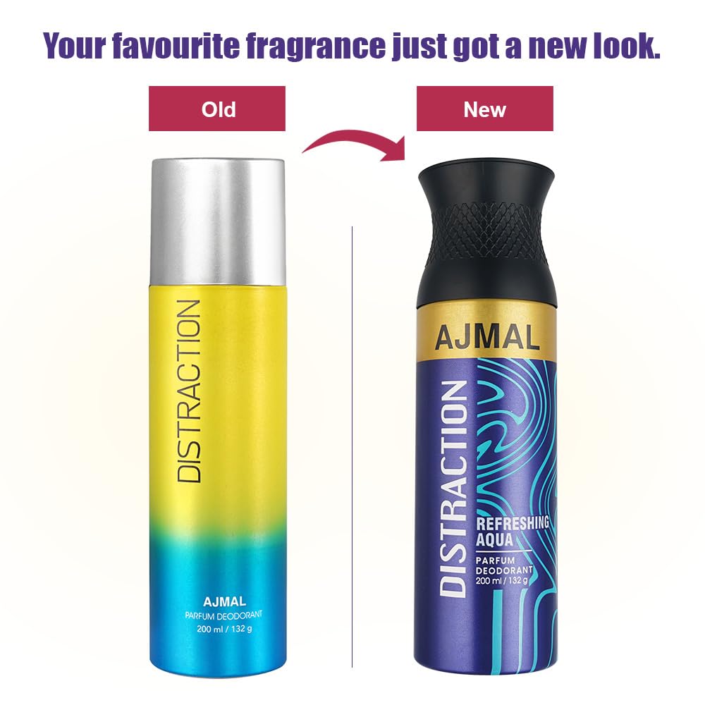 AJMAL Distraction Deodorant Spray Spicy Fragrance Casual Wear For Men & Women + 2 Parfume Testers Free, 200 Ml