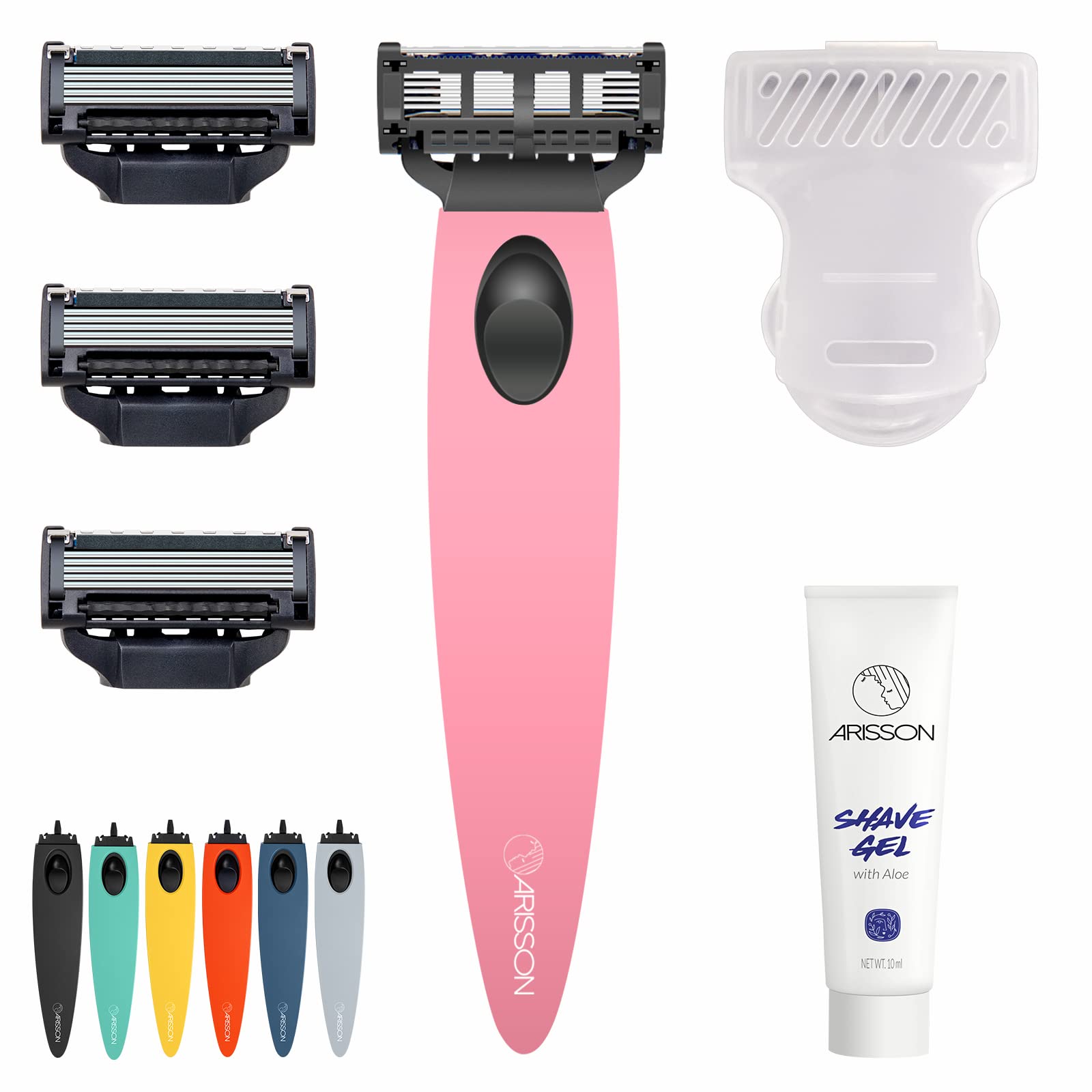 Arisson Razors for Men, Swedish 5 Blade Razor Kit-1 Ergonomic Handle, 4 Surgical-grade Sharp Blade Refills with Back Trimmer, 1 Shaving Gel, Moisture Strip with Vitamin E for Comfortable Shave (Pink)