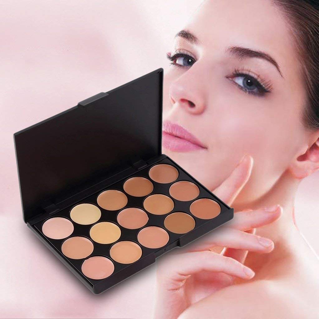 Angelie 15 Colors Contour Powder Concealer Palette with 1 Flawless Makeup Foundation Puff, Semi-Matte Finish