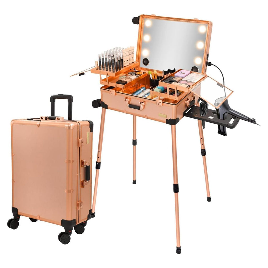 Adson Rolling Makeup Trolley Makeup Box Case Train Vanity Case Storage Hairdressing Organiser for Salon, Artist Aluminum Cosmetic Storage Organizer with Light and Mirror (Rose Gold)