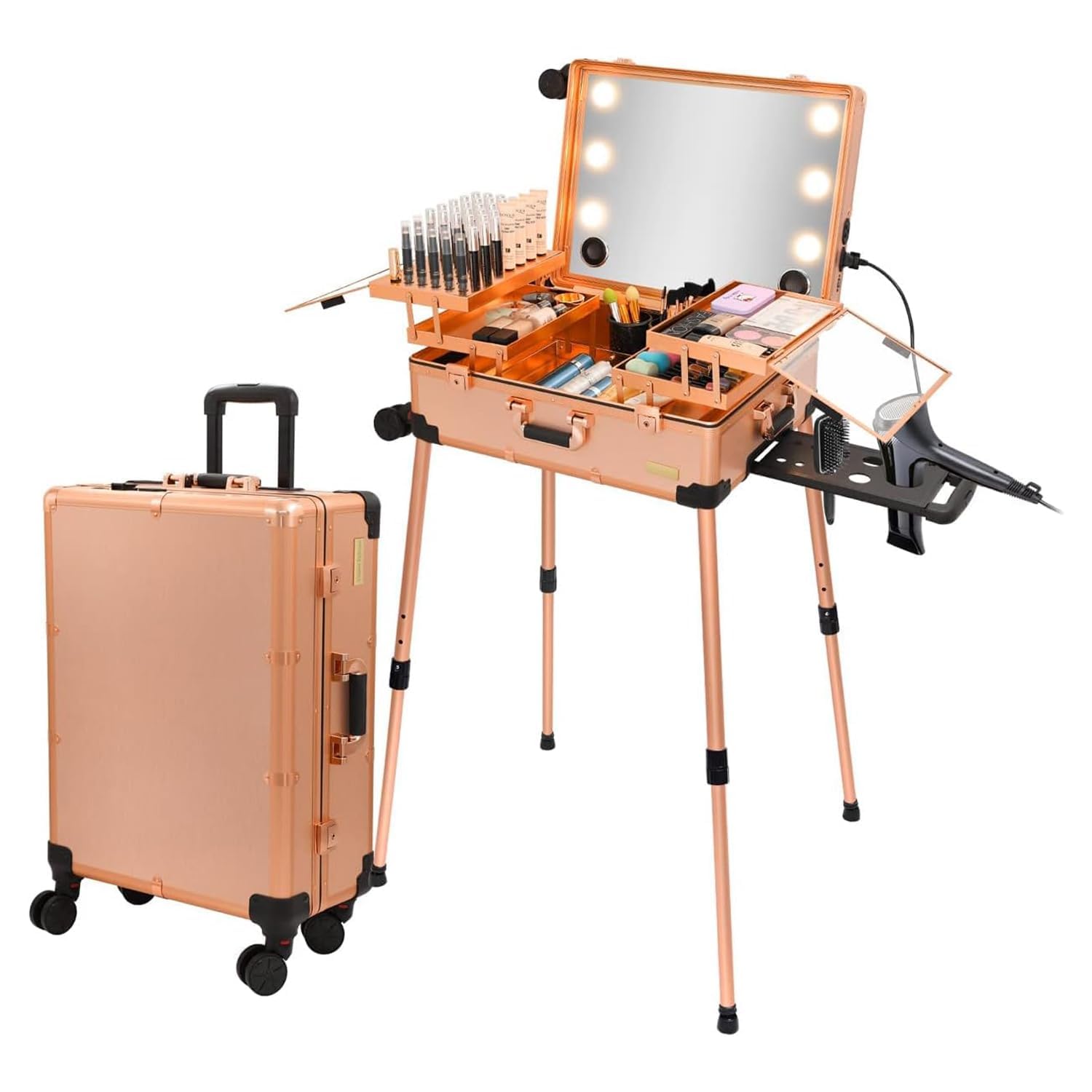 Adson Rolling Makeup Trolley Makeup Box Case Train Vanity Case Storage Hairdressing Organiser for Salon, Artist Aluminum Cosmetic Storage Organizer with Light and Mirror (Rose Gold)