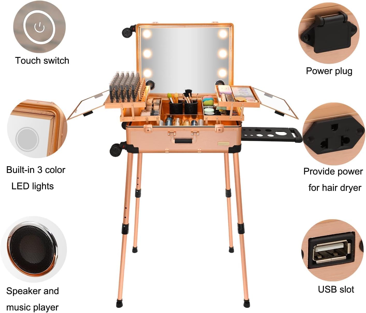 Adson Rolling Makeup Trolley Makeup Box Case Train Vanity Case Storage Hairdressing Organiser for Salon, Artist Aluminum Cosmetic Storage Organizer with Light and Mirror (Rose Gold)