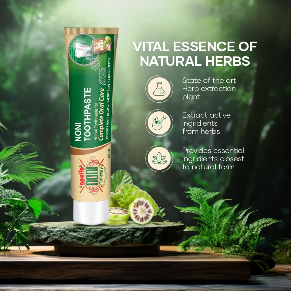 Apollo Noni Herbal Toothpaste 150g | Fluoride-Free & Sugar-Free Ayurvedic Formula | Natural Plaque & Tartar Removal | Fresh Breath & Gum Care | Whitening & Toothache Relief