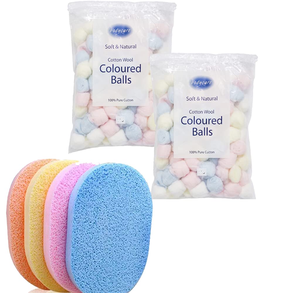 ( 50 x 2 ) 100 Pcs Cotton Balls Makeup Cotton Balls Degreasing Cotton Ball for for Face Cleansing & Makeup Removal Beauty Salon Home Use with 2 pcs Cleansing Sponges