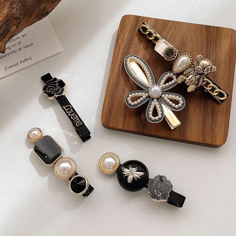 ANNACREATIONS 5 Pcs Premium Korean Stylish Hair Clips Set for Women and Girls, Elegant Pearl and Black Gold Decorative Hairpins, Fashion Barrette Hair Accessories