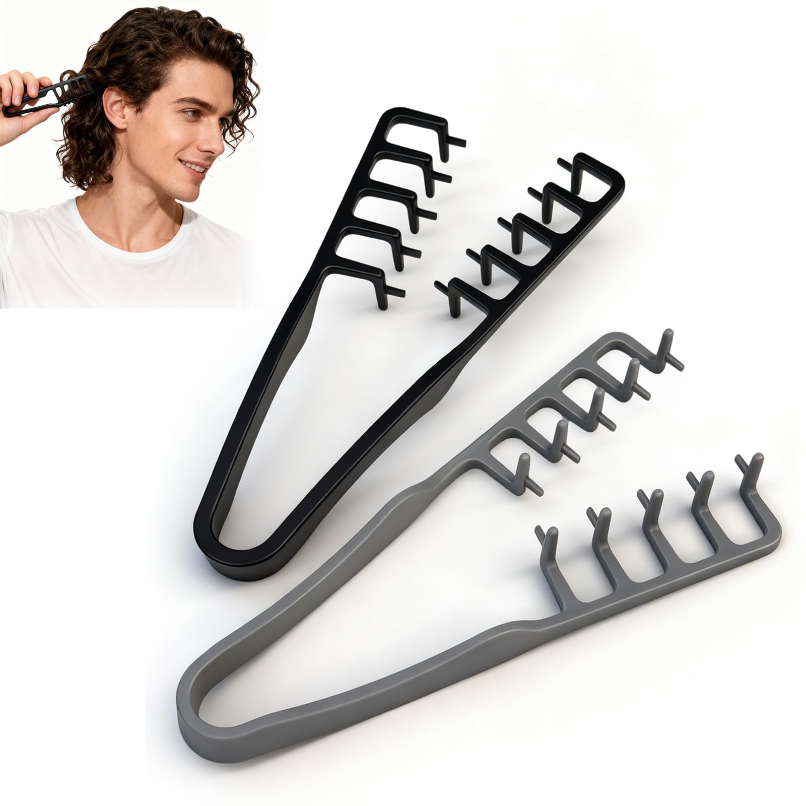 2 Pcs Texture Comb, Voluminous Wide-Toothed Hair Comb, Apparatus Maximum Lift Roots Volume Tool, Barber Wide Fine-Toothed Dual-Purpose Set, ABS Plastic with Textured Grip Tool for Men (Black+Grey)