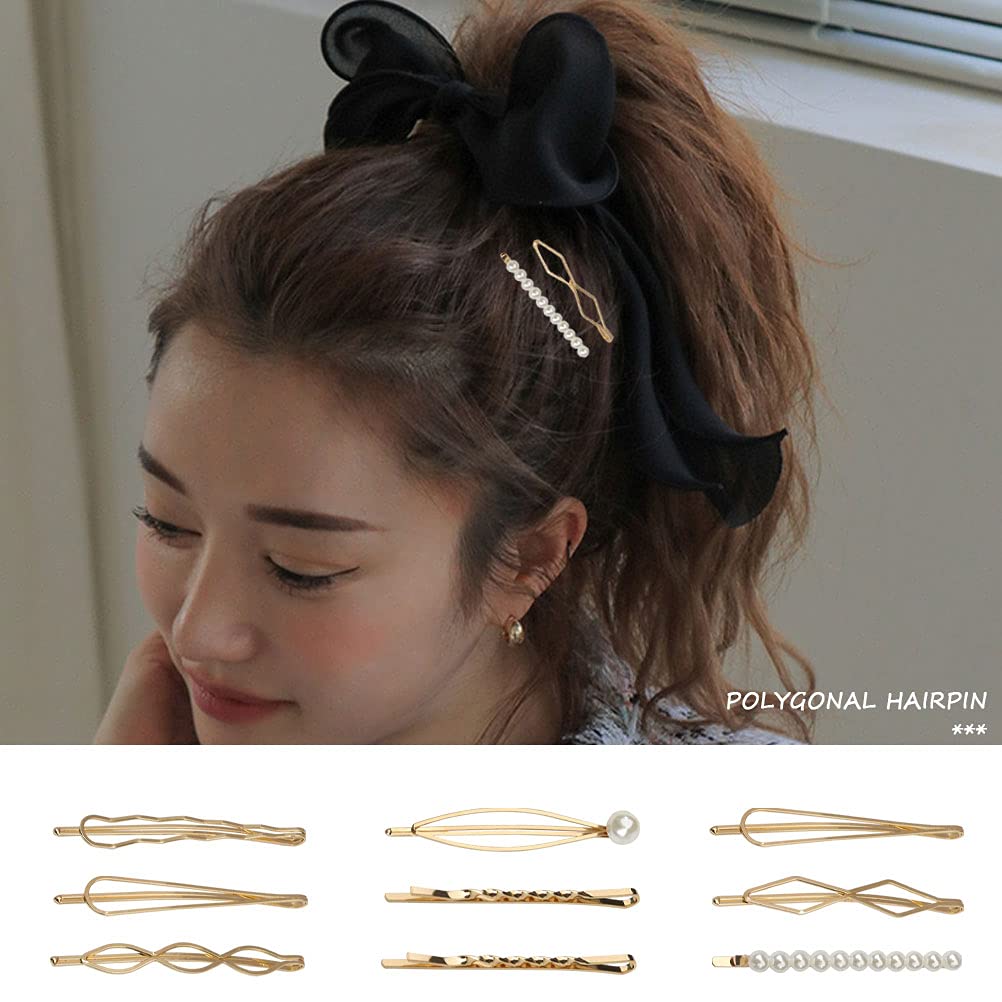 16 Pieces Geometric Metal Hair Pins, Pearls Hair Clips Elegant Hair Barrettes Bridal Gold Metal Bobby Pins Dainty Embellished Bobby Pins for Woman and Girls