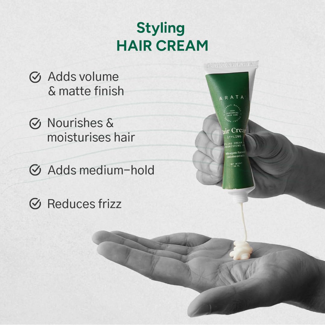 Arata Styling Hair Cream | For All Hair Types |Reduces Frizz & Tames Flyaways | Adds Soft Hold and Control to Short Hair | No Sulphate,Paraben,Silicone | 50ml