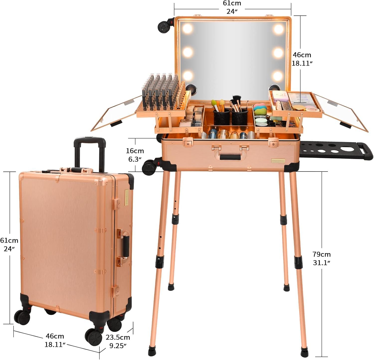 Adson Rolling Makeup Trolley Makeup Box Case Train Vanity Case Storage Hairdressing Organiser for Salon, Artist Aluminum Cosmetic Storage Organizer with Light and Mirror (Rose Gold)