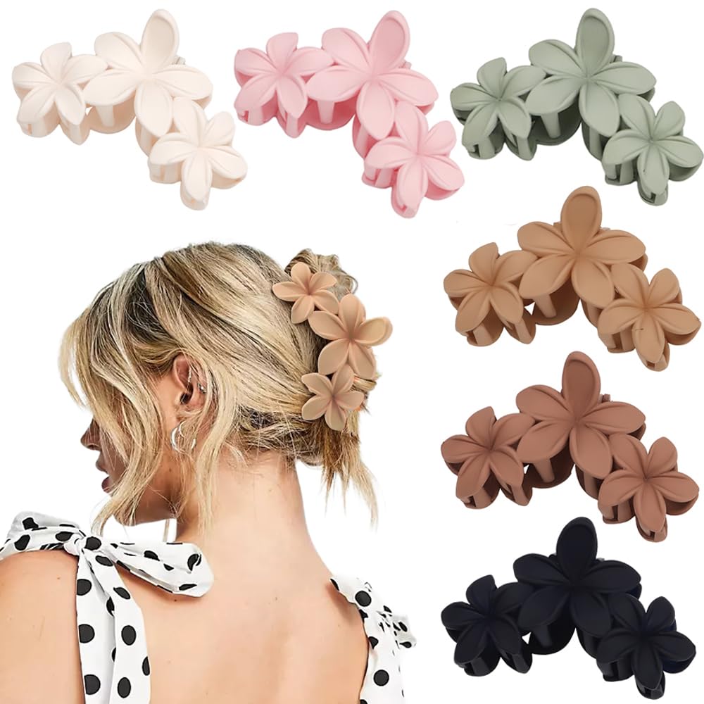 Ahoney 6PCS Flower Hair Clips for Women Strong Hold Nonslip, Big Flower Claw Clip for Thick Hair, Hawaiian Hibiscus Cute Hair Clips Beach Hair Accessories for Women Girls (Neutral)