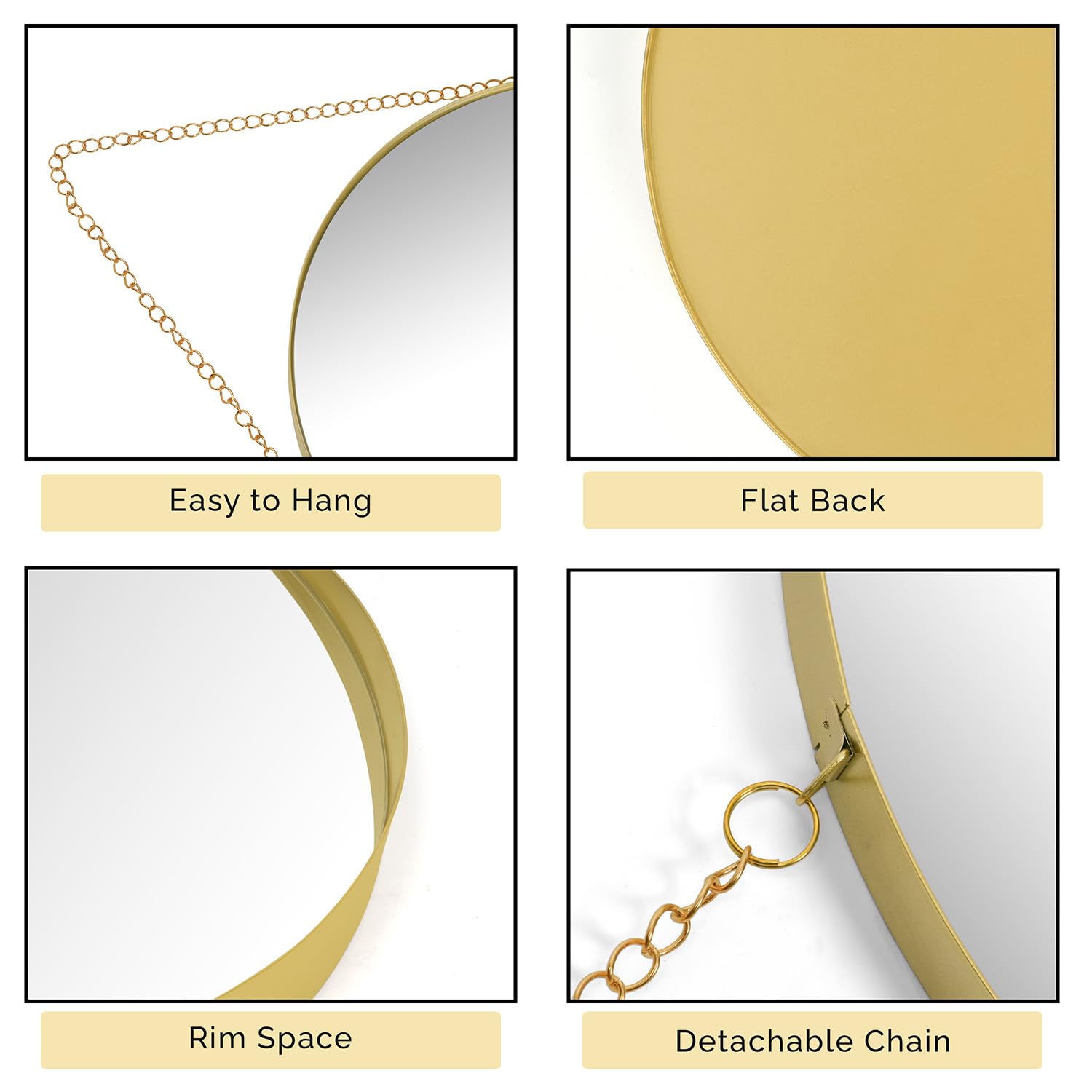 ABOUT SPACE 12 Inch Wall Hanging Mirror with Chain-Gold Round Wall Mirror for Living Room, Bedroom, Bathroom,Entryway Aesthetic Room Decor Circle Mirror with Metal Frame (Golden - W 30 x H 45 cm)
