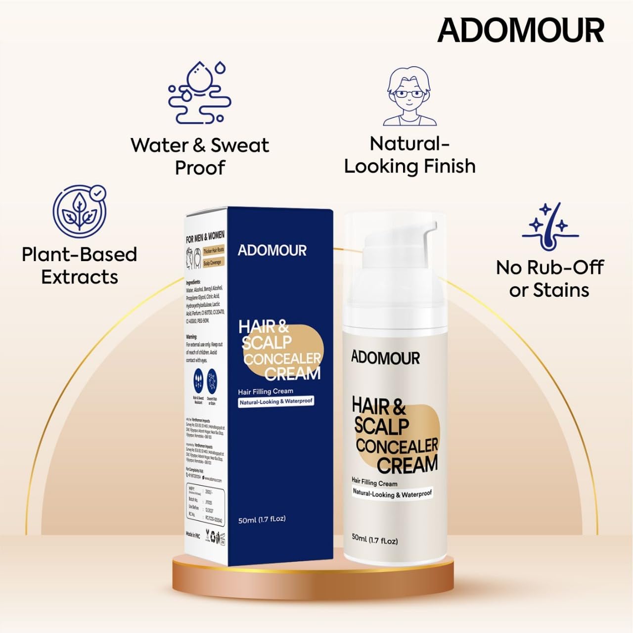 ADOMOUR Hair & Scalp Concealer Cream, 50ml | Covers Grey Roots & Bald Spots Instantly | Sweat Resistant & Stain Proof 24 Hour Formula | Professional & Natural Looking Hair Coverage | For Men & Women