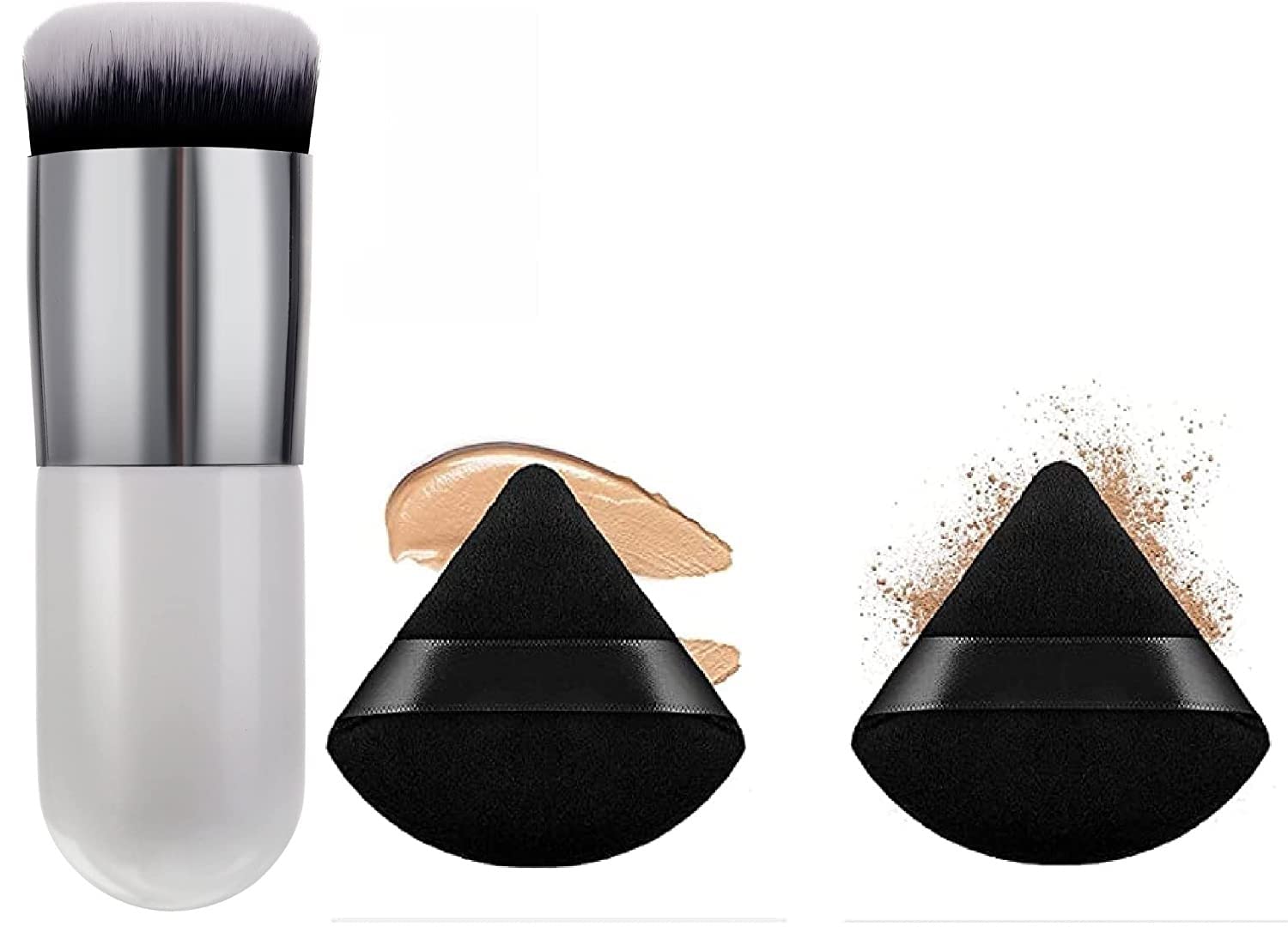 1 Round Foundation Makeup Brush, 2 pieces MakeupSponge Blender (Foundation brush, 2 Pieces Triangle Powder Puffs Face CosmeticPowder Puff Washable Reusable Soft Plush Powder Sponge Makeup Sponge)