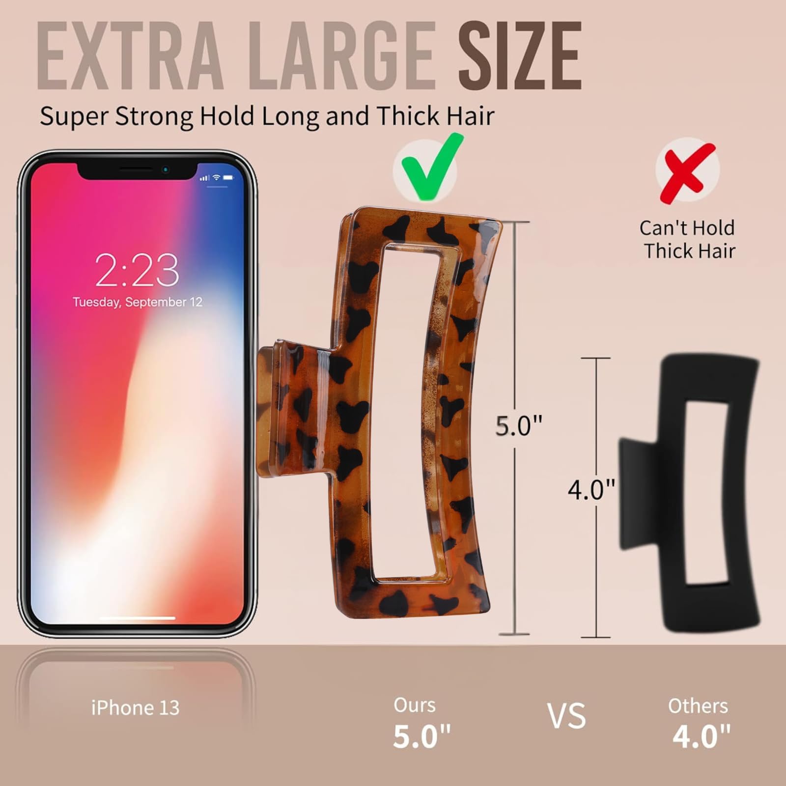 5 Inche Extra Large Claw Clips for Thick Hair, 4 Pack Xl Leopard and Glossy Claw Clips, Jumbo Non-Slip Rectangle Hair Clips for Women, Strong Hold Jaw Clips for Long Hair