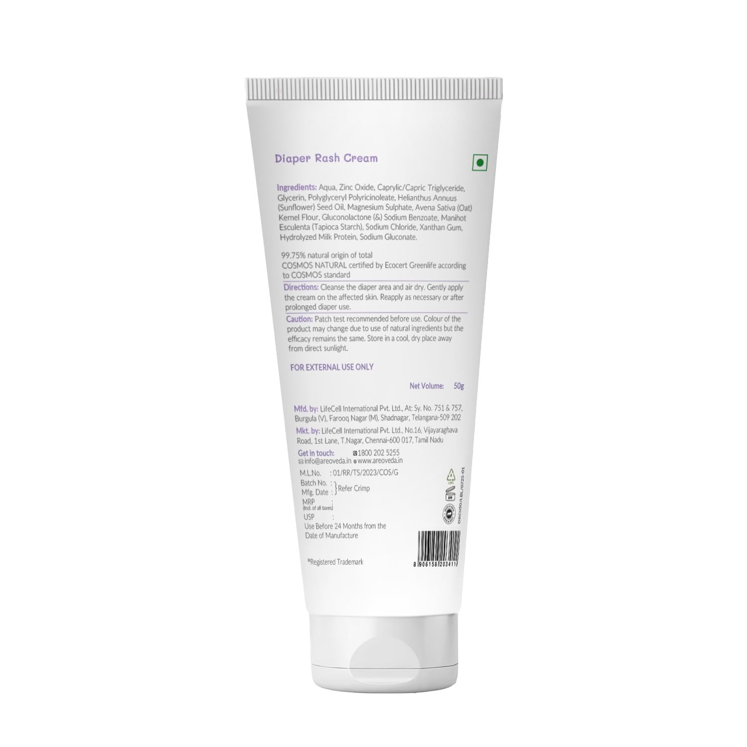 AreoVeda Diaper Rash Cream (50 gm), Suitable for newborns & babies, 15% Zinc Oxide, Prevents & Soothes Rashes from Day 1, Relieves Itchiness & Discomfort