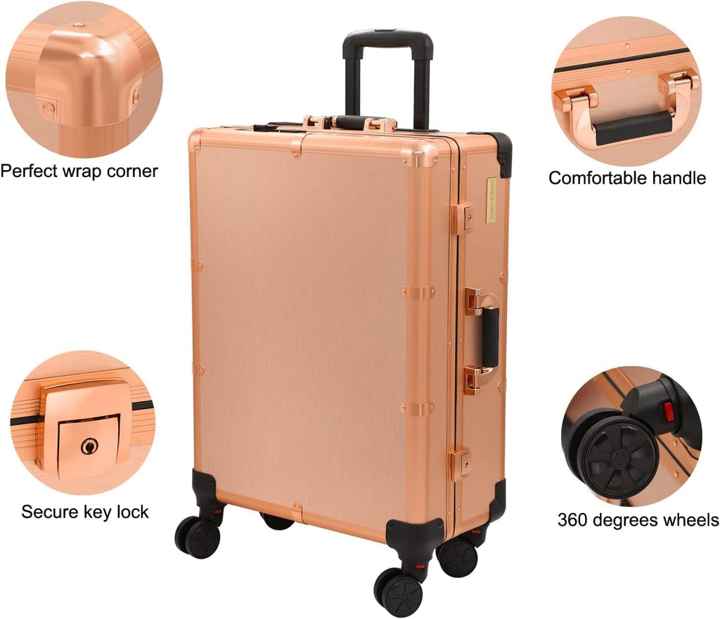 Adson Rolling Makeup Trolley Makeup Box Case Train Vanity Case Storage Hairdressing Organiser for Salon, Artist Aluminum Cosmetic Storage Organizer with Light and Mirror (Rose Gold)