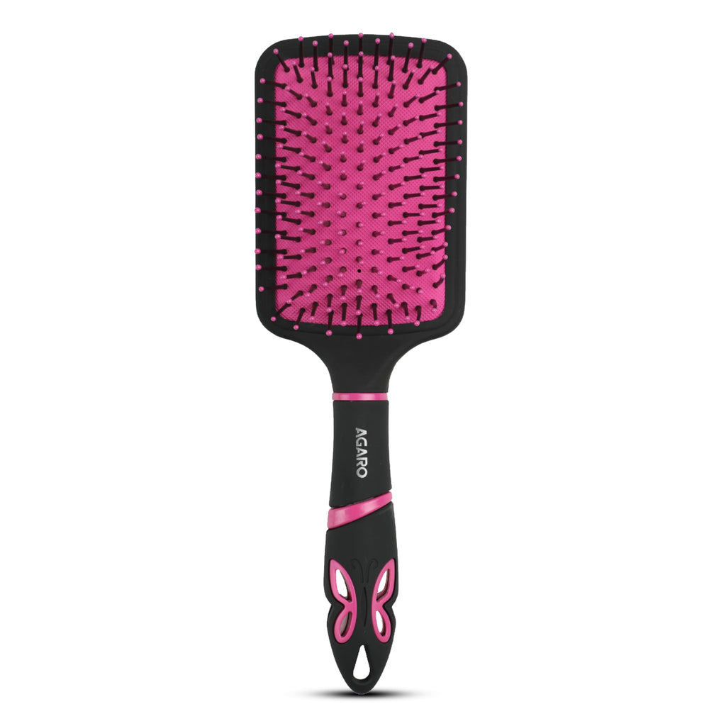 AGARO Delight Paddle Hair Brush with Strong & Flexible Nylon Bristles having Anti-static Ball Tips, For Grooming, Straightening, Smoothing, Detangling Hair, Ideal for Men &Women, Black & Pink
