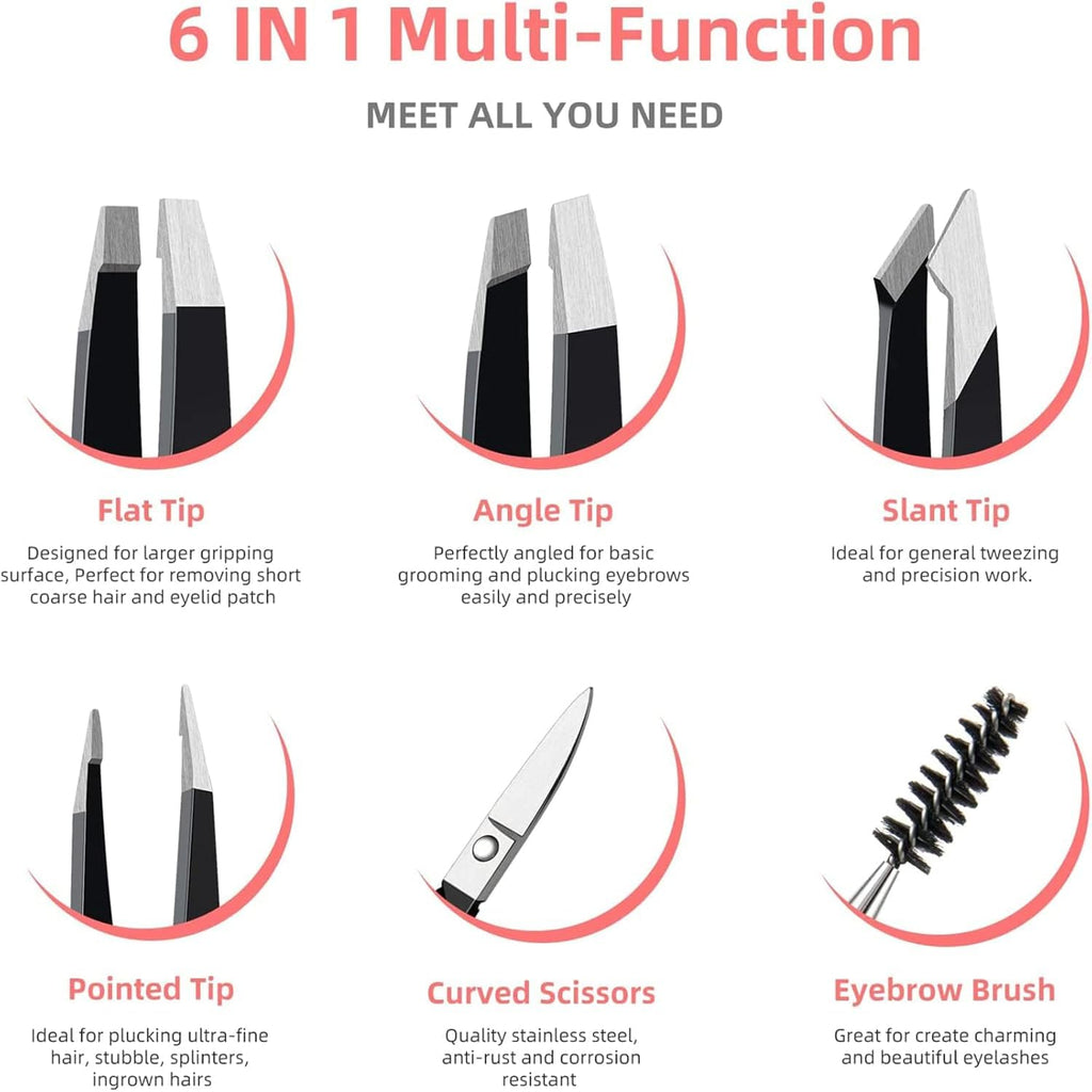 6PCS Professional Eyebrow Tweezers Set for Women and Men, Premium Stainless Steel Tweezer Kit, Best Tweezers Precision for Ingrown Hair, Facial Hair, Eyebrows Plucking