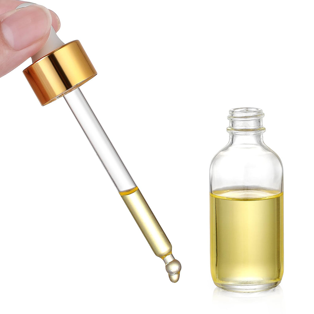 AOZITA 4 Pcs, 1 oz Golden Cap Clear Dropper Bottles (30ml) with 1 Funnel & 4 Labels - Glass Tincture Bottles with Eye Droppers - Leakproof Essential Oil Bottles for Health, Personal Care & Beauty
