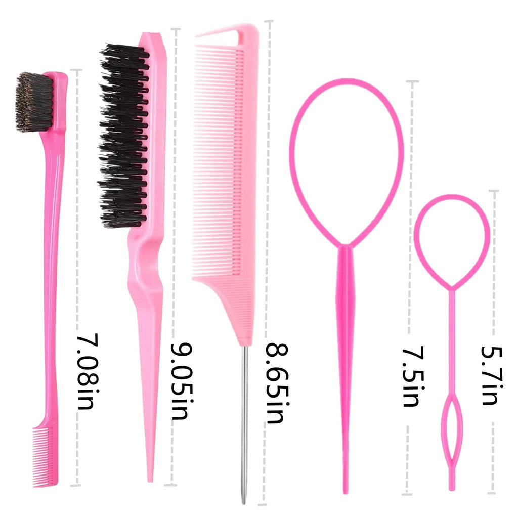 5Pcs Slick Back Brush Set with Topsy Tail Tool, Teasing Bristle, Rat Comb for Women & Girls Hair Styling, Flyaways Control and Edge Combing - Pink
