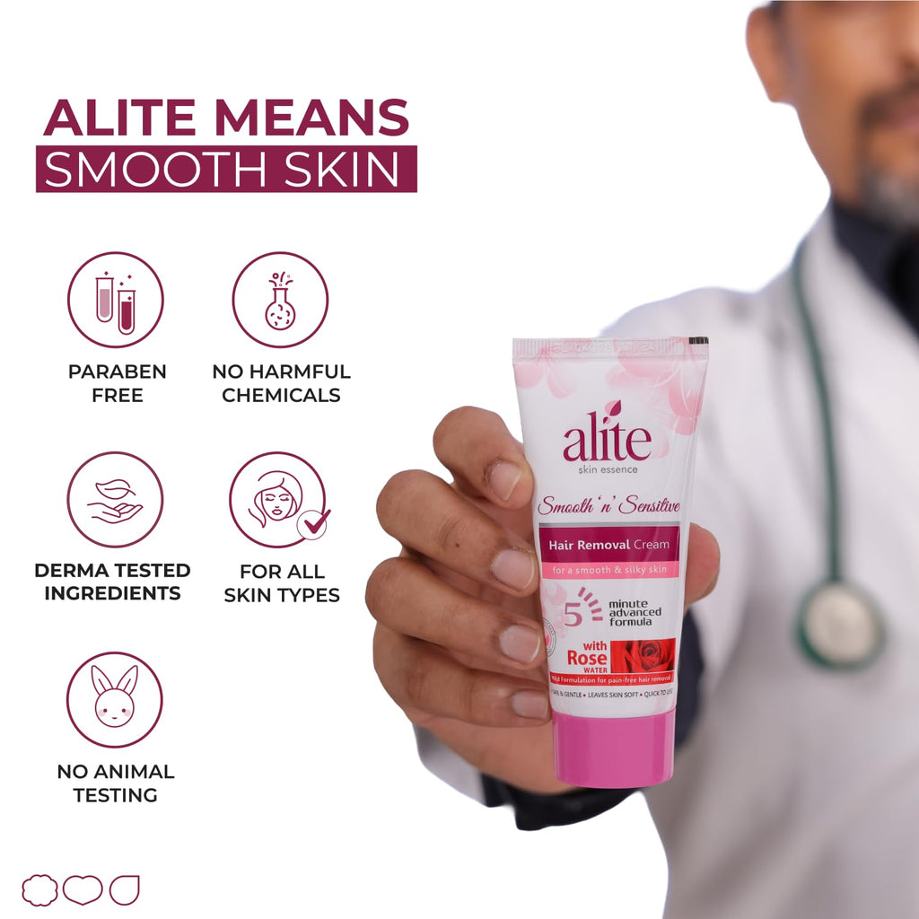 Alite Hair Removal Cream for Women| Painless & Hair Removal | Smooth, Nourished Skin | Enriched with Rose Water, Natural Butter & Aloe Vera Pack of 3 (60g Each)