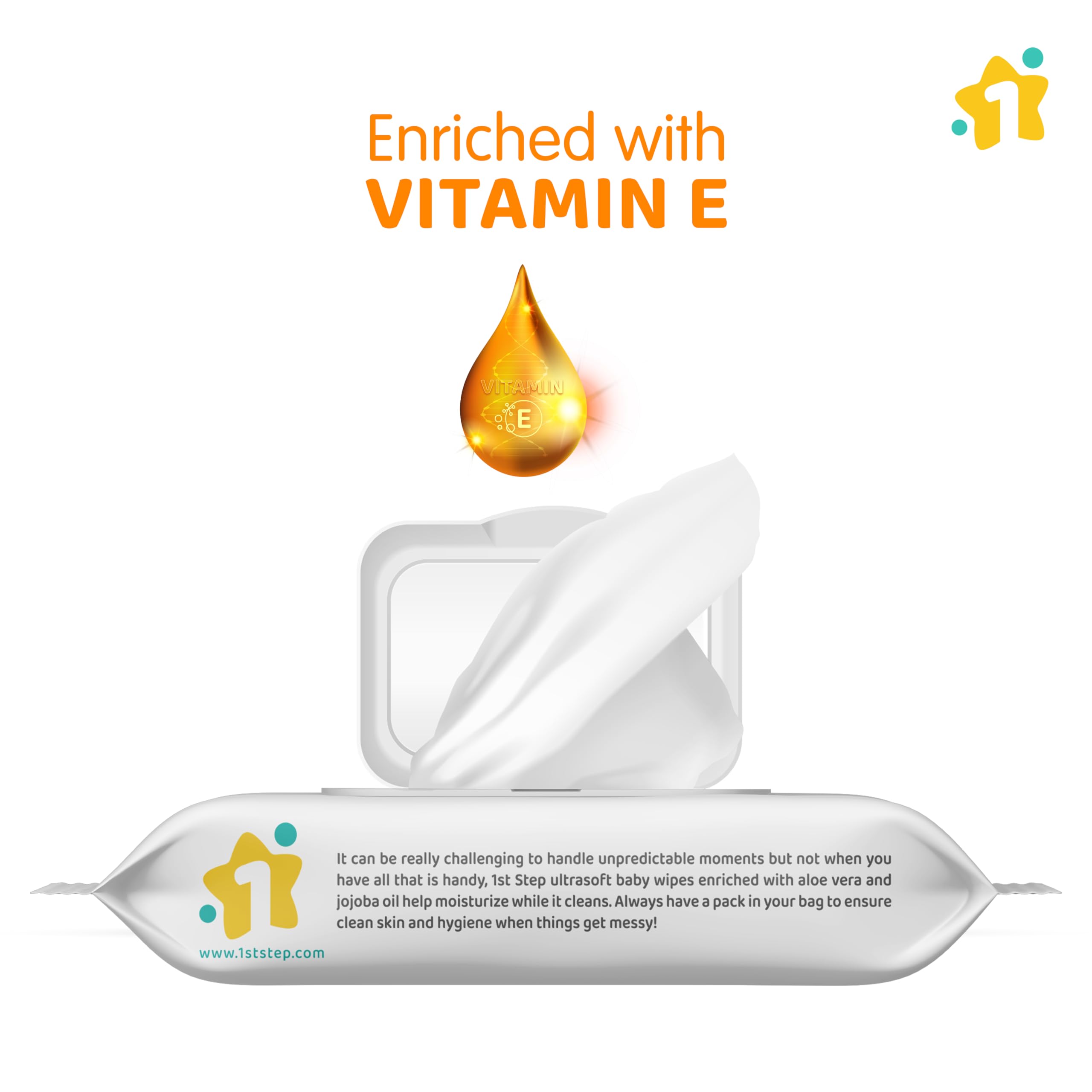 1st Step Baby Wipes with Lid Enriched and Aloe-Vera and Jojoba Oil (72 Wipes/Pack x 5 Packs = 360 Wipes)