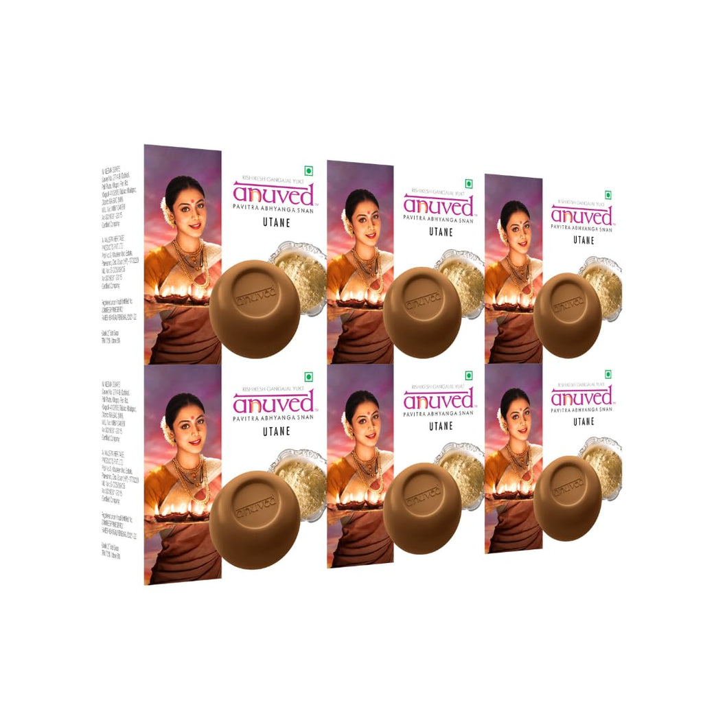 Anuved Utane (Ubtan) Natural Scrub Soap | Pack of 6 | 125gm Each | Enriched with 15 Exotic Indian Herbs & Rishikesh Gangajal | Herbal Soap for Face & Bath | Soft & Glowing Skin | Tan Removal Soap