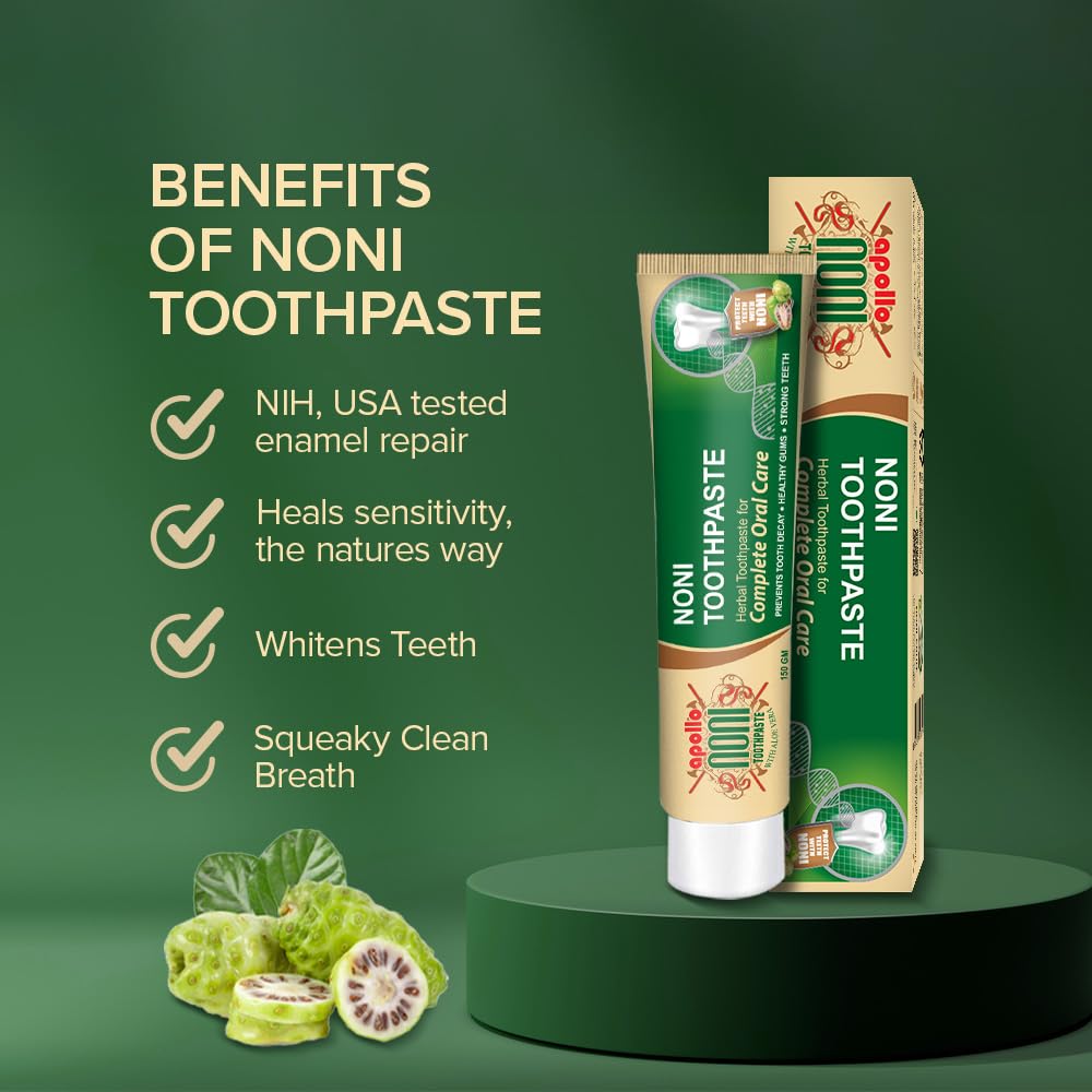 Apollo Noni Herbal Toothpaste 150g | Fluoride-Free & Sugar-Free Ayurvedic Formula | Natural Plaque & Tartar Removal | Fresh Breath & Gum Care | Whitening & Toothache Relief