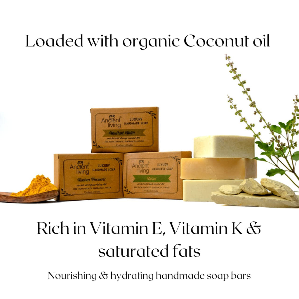 Ancient Living Organic & Natural Soaps Daily Bath Needs with Cold Pressed Oils (Handmade) - 100 gm each Kasturi Turmeric for Radiance Multani Mitti for Anti Aging Tulasi for Cleansing