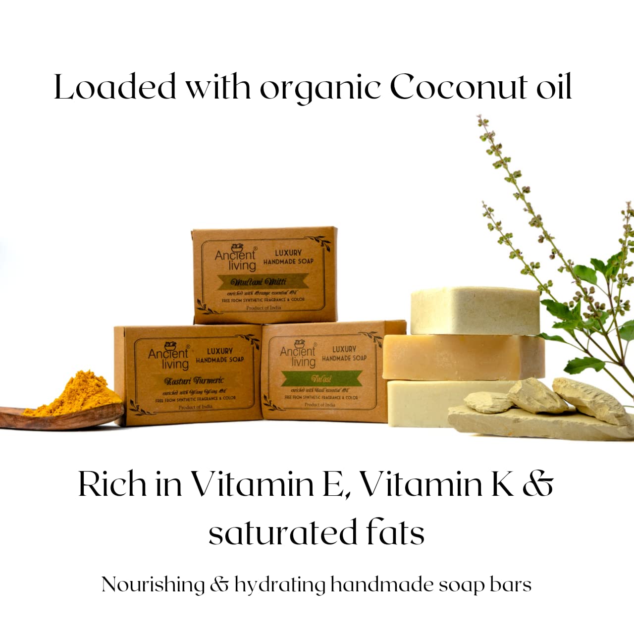 Ancient Living Organic & Natural Soaps Daily Bath Needs with Cold Pressed Oils (Handmade) - 100 gm each Kasturi Turmeric for Radiance Multani Mitti for Anti Aging Tulasi for Cleansing