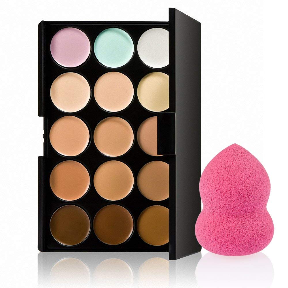 Angelie 15 Colors Contour Powder Concealer Palette with 1 Flawless Makeup Foundation Puff, Semi-Matte Finish