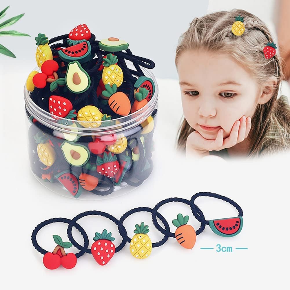 Lot de 30 élastiques à cheveux pour enfants, jolis, avec motifs de bonbons, fruits frais et animaux (animaux et fruits).