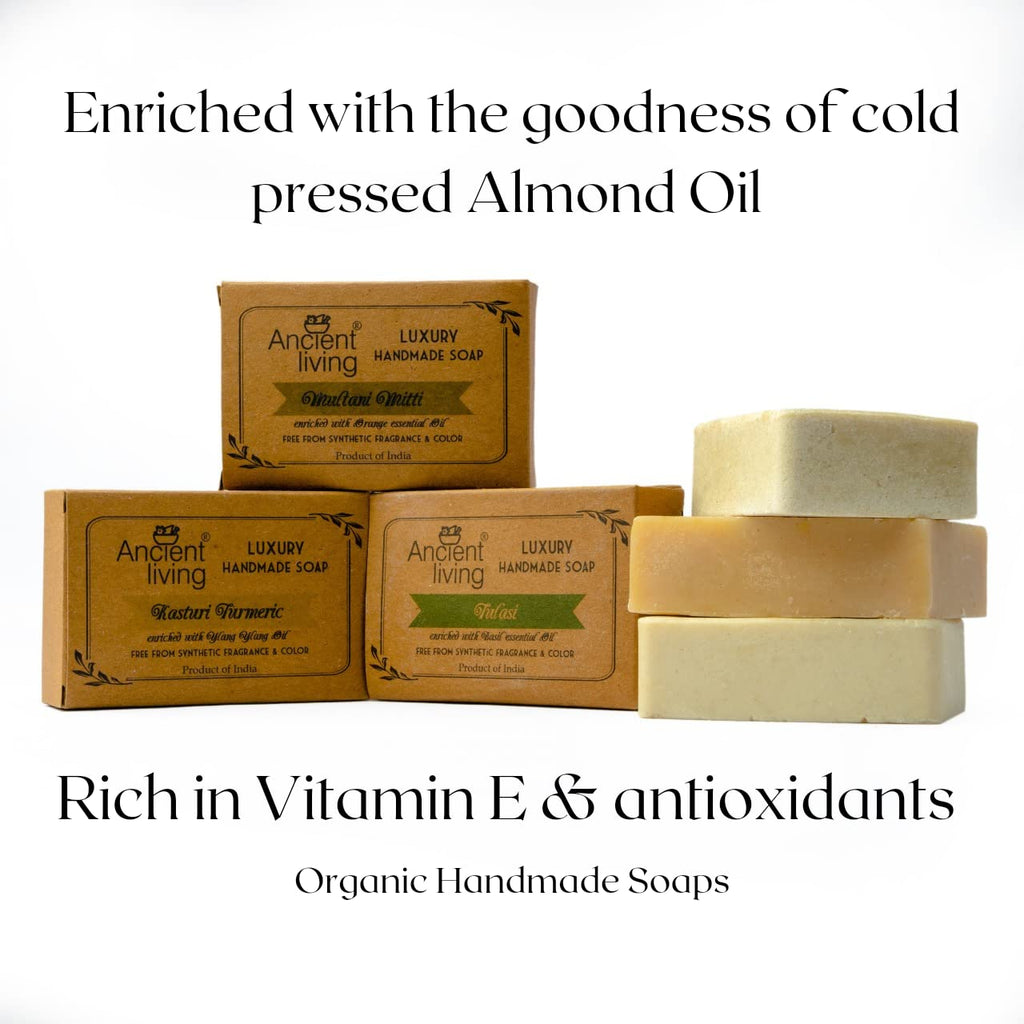 Ancient Living Organic & Natural Soaps Daily Bath Needs with Cold Pressed Oils (Handmade) - 100 gm each Kasturi Turmeric for Radiance Multani Mitti for Anti Aging Tulasi for Cleansing