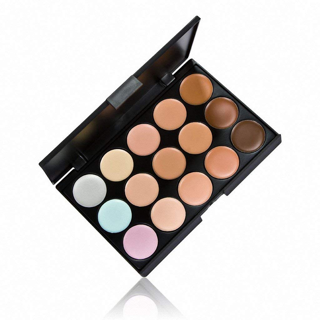 Angelie 15 Colors Contour Powder Concealer Palette with 1 Flawless Makeup Foundation Puff, Semi-Matte Finish