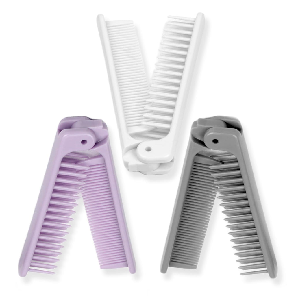3-Piece Pocket Folding Comb Set – Portable Travel Hair Brushes with Dual-Headed Design, Compact and Colorful (Gray, Purple, White)