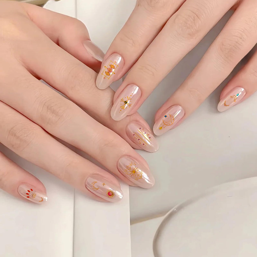 4pcs Sun and Moon Nail Stickers, 5D Embossed Gold Celestial Bohemian Beauty Nail Stickers Self-Adhesive Metallic Tribal Totem Design Manicure Art Fingernail Decoration for Women Girls