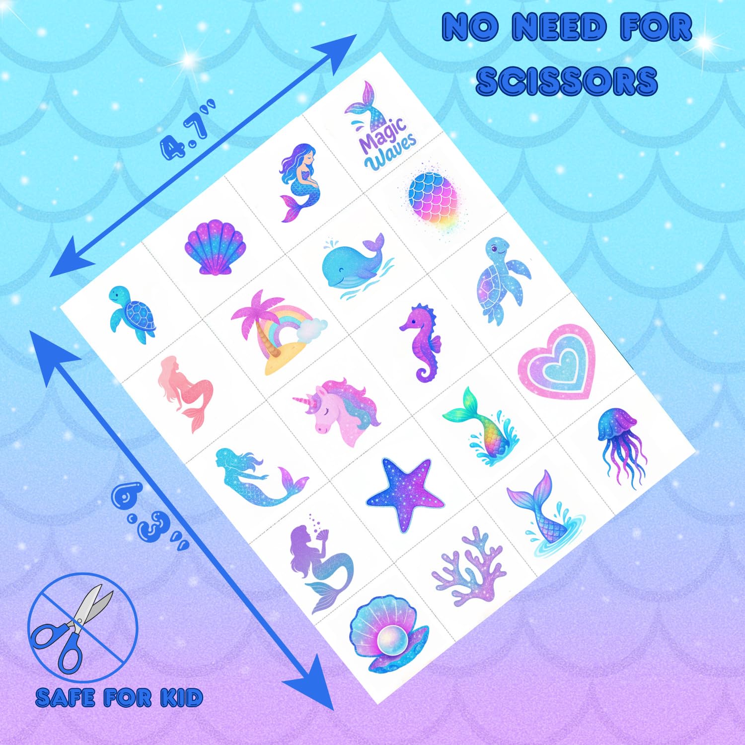 100PCS Glow in The Dark Mermaid Temporary Tattoos – Cute Ocean Sea Creatures Tattoo Stickers for Girls Birthday Party Favors, Waterproof Non-Toxic Kids Tattoos, Luminous Undersea Tattoos