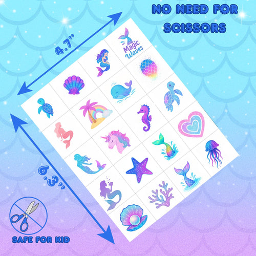 100PCS Glow in The Dark Mermaid Temporary Tattoos – Cute Ocean Sea Creatures Tattoo Stickers for Girls Birthday Party Favors, Waterproof Non-Toxic Kids Tattoos, Luminous Undersea Tattoos