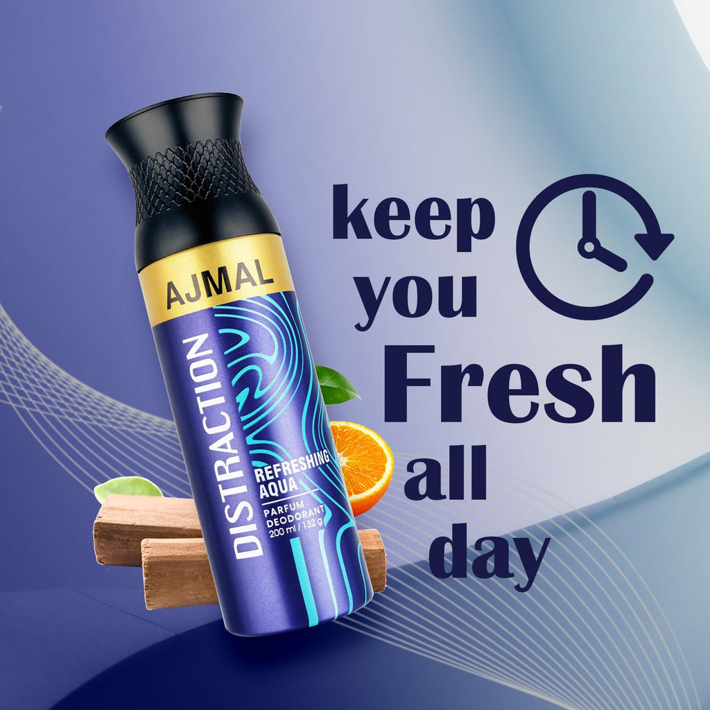 AJMAL Distraction Deodorant Spray Spicy Fragrance Casual Wear For Men & Women + 2 Parfume Testers Free, 200 Ml
