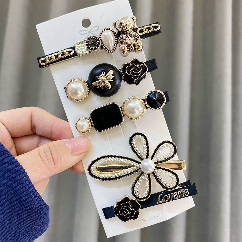 ANNACREATIONS 5 Pcs Premium Korean Stylish Hair Clips Set for Women and Girls, Elegant Pearl and Black Gold Decorative Hairpins, Fashion Barrette Hair Accessories