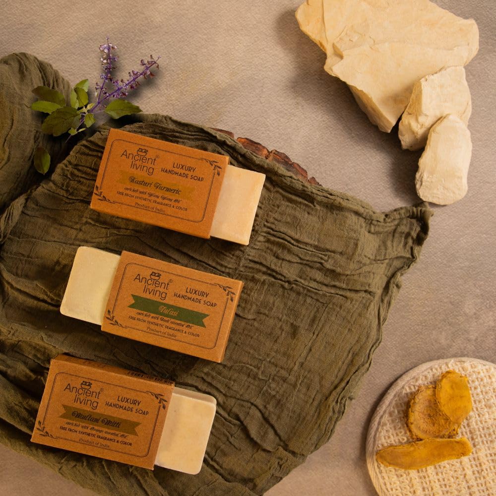 Ancient Living Organic & Natural Soaps Daily Bath Needs with Cold Pressed Oils (Handmade) - 100 gm each Kasturi Turmeric for Radiance Multani Mitti for Anti Aging Tulasi for Cleansing
