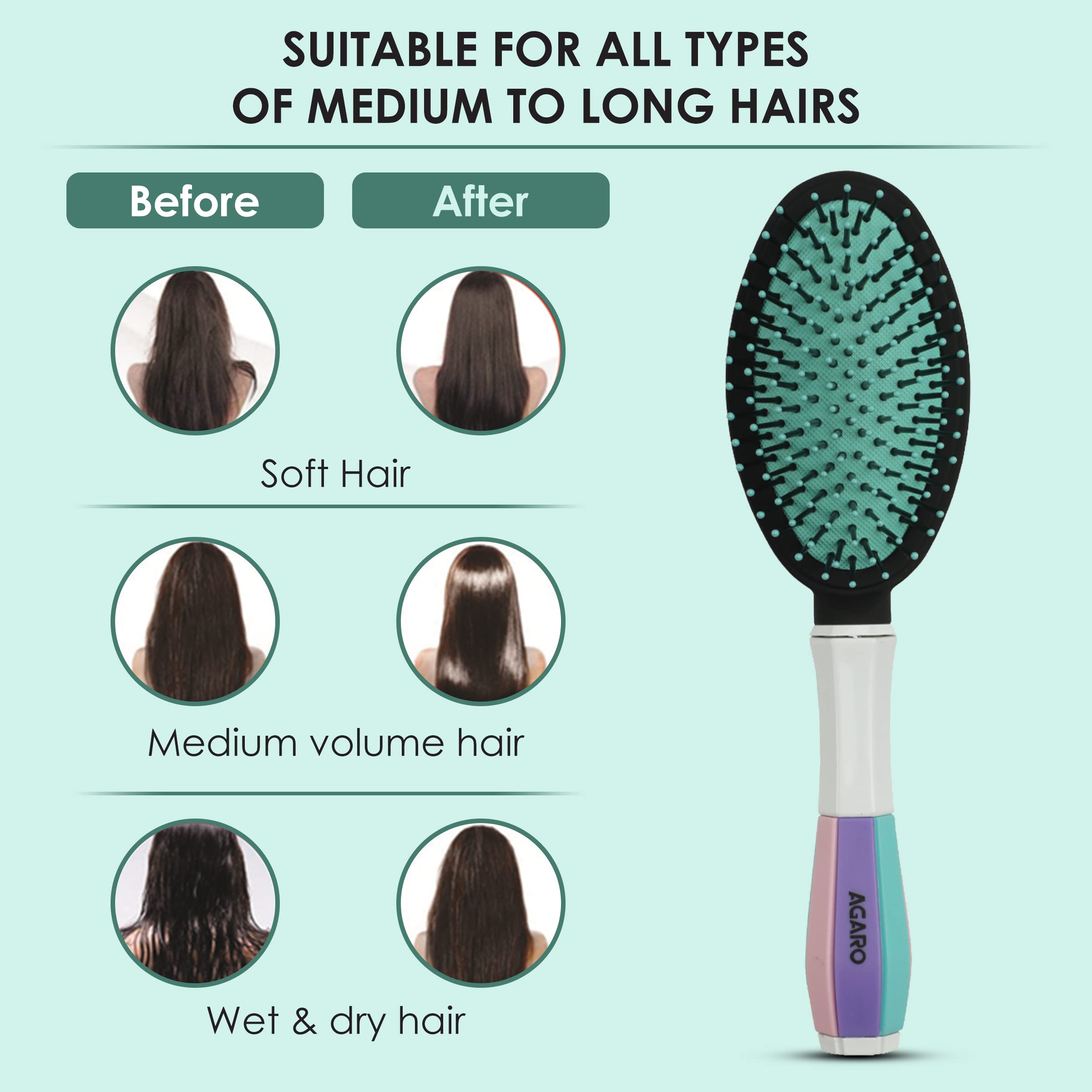 AGARO Classic Cushion Hair Brush with Strong & flexible nylon bristles, having Anti-static ball tips, for Grooming, Straightening, Detangling Hair, Ideal for Men & Women, Cyan